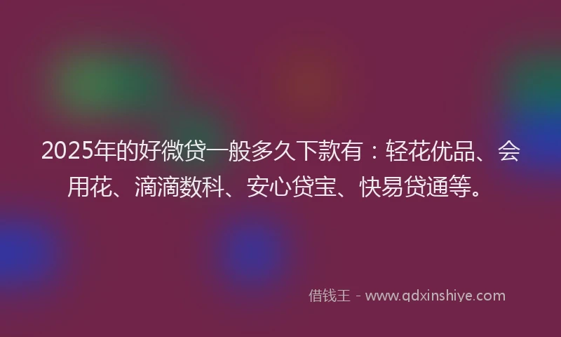 2025年的好微贷一般多久下款有：轻花优品、会用花、滴滴数科、安心贷宝、快易贷通等。