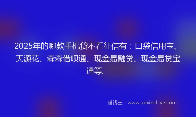 2025年的哪款手机贷不看征信有：口袋信用宝、天源花、森森借呗通、现金易融贷、现金易贷宝通等。