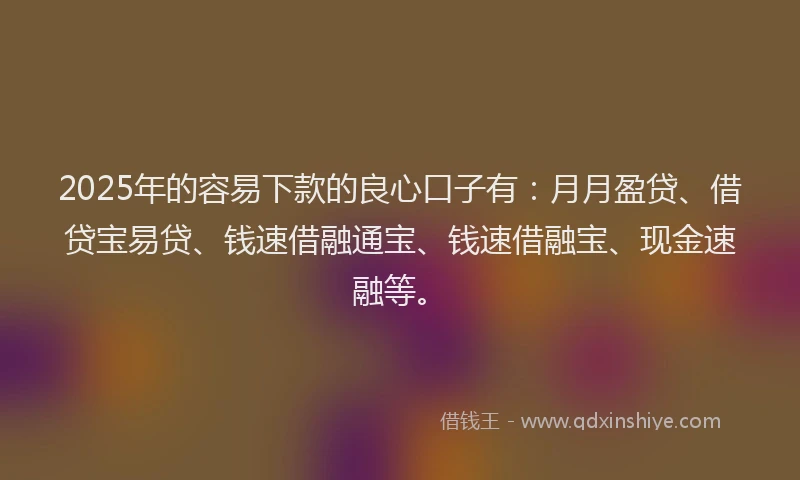 2025年的容易下款的良心口子有：月月盈贷、借贷宝易贷、钱速借融通宝、钱速借融宝、现金速融等。