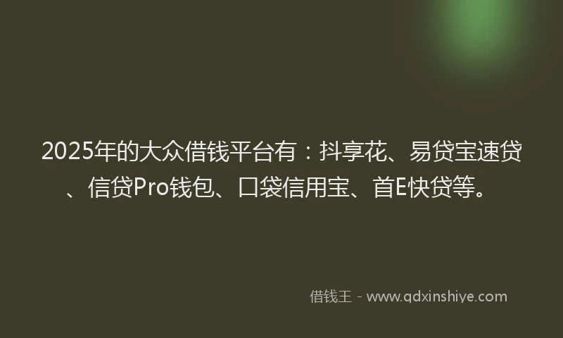 2025年的大众借钱平台有：抖享花、易贷宝速贷、信贷Pro钱包、口袋信用宝、首E快贷等。
