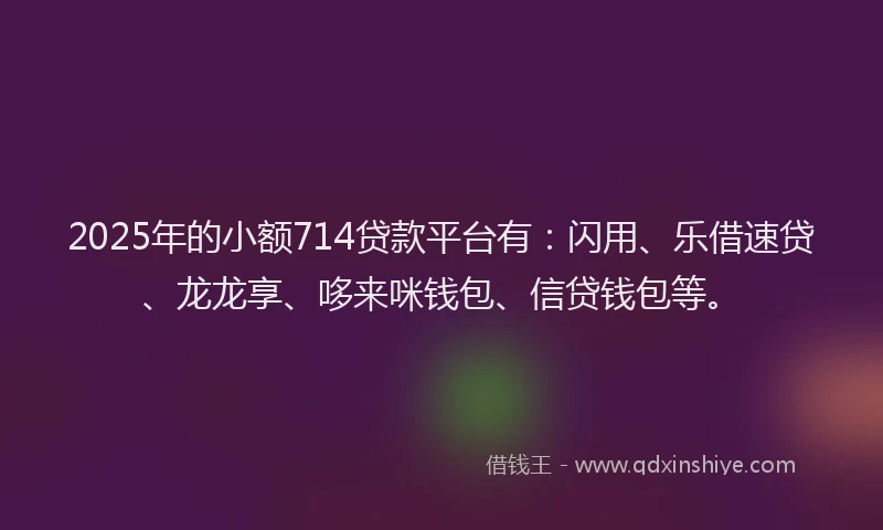 2025年的小额714贷款平台有：闪用、乐借速贷、龙龙享、哆来咪钱包、信贷钱包等。