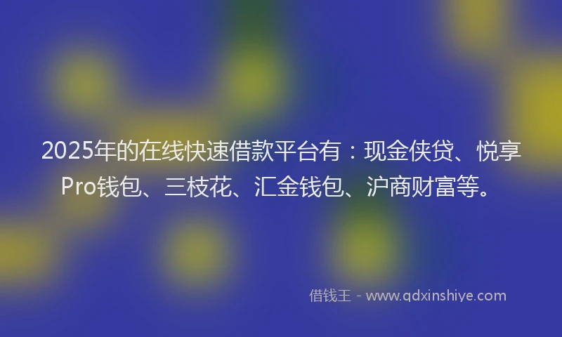 2025年的在线快速借款平台有：现金侠贷、悦享Pro钱包、三枝花、汇金钱包、沪商财富等。