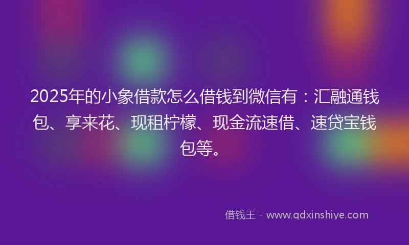 2025年的小象借款怎么借钱到微信有：汇融通钱包、享来花、现租柠檬、现金流速借、速贷宝钱包等。