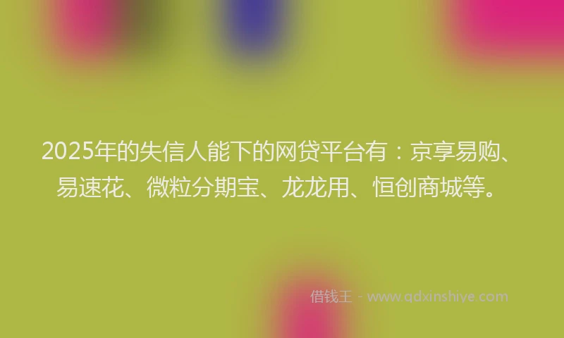 2025年的失信人能下的网贷平台有：京享易购、易速花、微粒分期宝、龙龙用、恒创商城等。