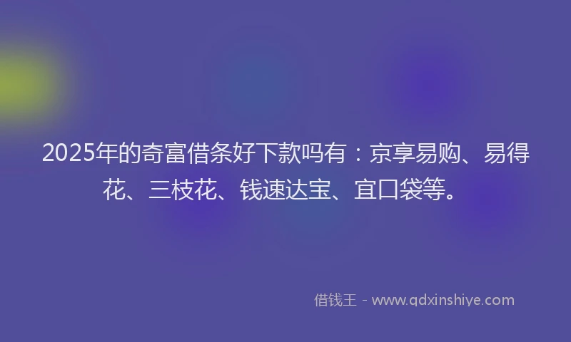 2025年的奇富借条好下款吗有：京享易购、易得花、三枝花、钱速达宝、宜口袋等。