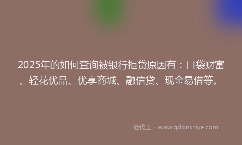 2025年的如何查询被银行拒贷原因有：口袋财富、轻花优品、优享商城、融信贷、现金易借等。