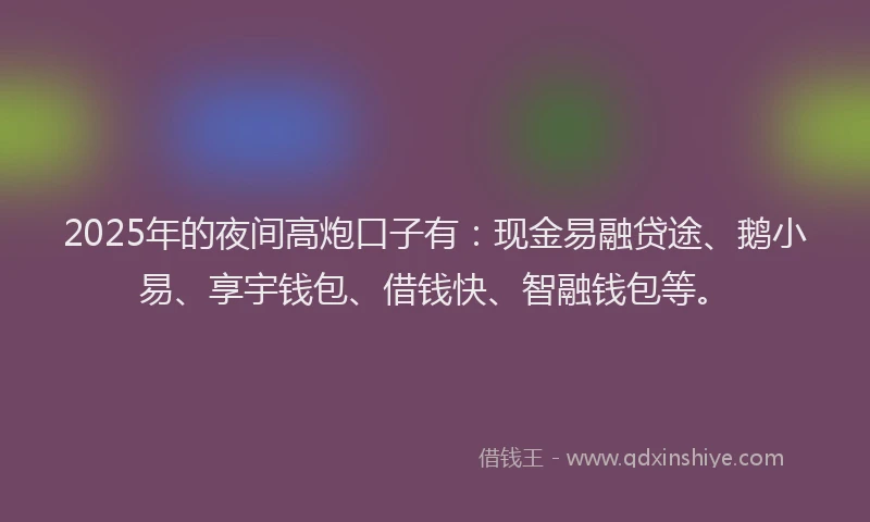 2025年的夜间高炮口子有：现金易融贷途、鹅小易、享宇钱包、借钱快、智融钱包等。