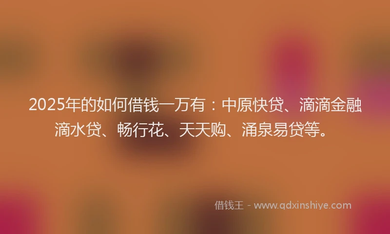 2025年的如何借钱一万有：中原快贷、滴滴金融滴水贷、畅行花、天天购、涌泉易贷等。