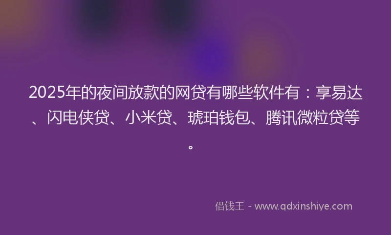 2025年的夜间放款的网贷有哪些软件有：享易达、闪电侠贷、小米贷、琥珀钱包、腾讯微粒贷等。