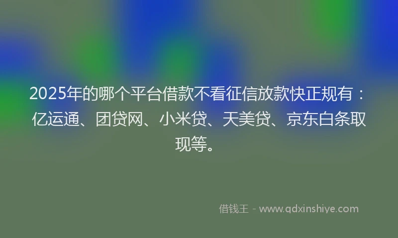2025年的哪个平台借款不看征信放款快正规有：亿运通、团贷网、小米贷、天美贷、京东白条取现等。