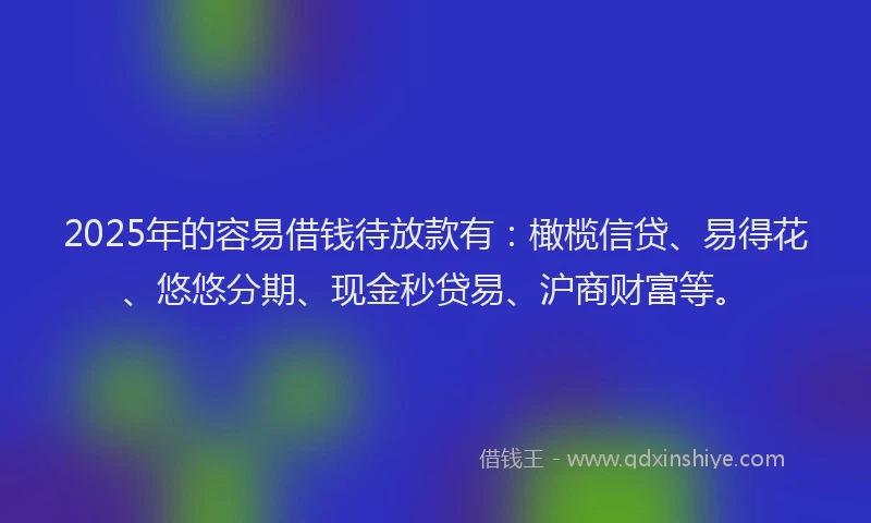 2025年的容易借钱待放款有：橄榄信贷、易得花、悠悠分期、现金秒贷易、沪商财富等。