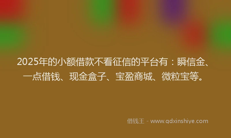 2025年的小额借款不看征信的平台有：瞬信金、一点借钱、现金盒子、宝盈商城、微粒宝等。