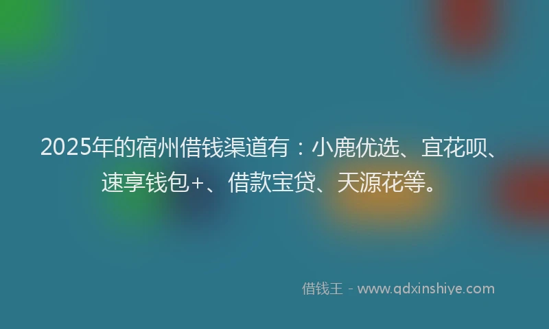 2025年的宿州借钱渠道有：小鹿优选、宜花呗、速享钱包+、借款宝贷、天源花等。