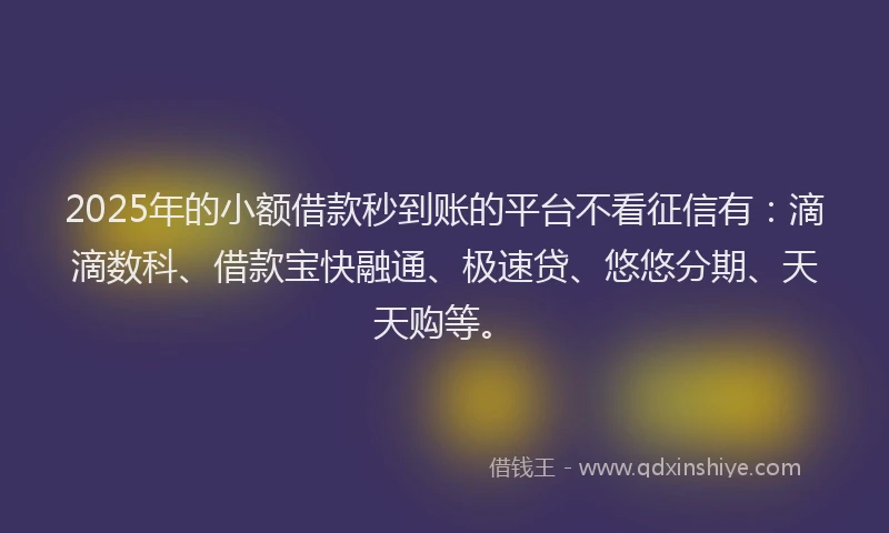 2025年的小额借款秒到账的平台不看征信有:滴滴数科、借款宝快融通、极速贷、悠悠分期、天天购等。