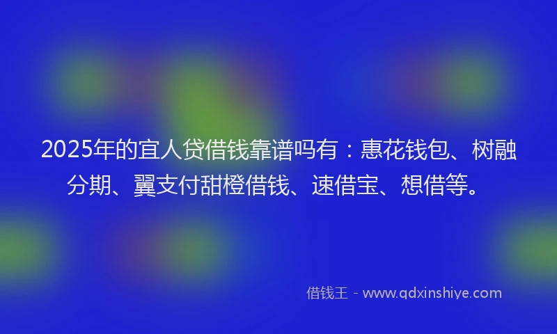 2025年的宜人贷借钱靠谱吗有:惠花钱包、树融分期、翼支付甜橙借钱、速借宝、想借等。