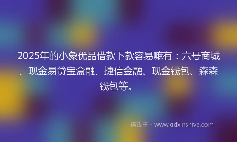 2025年的小象优品借款下款容易嘛有：六号商城、现金易贷宝盒融、捷信金融、现金钱包、森森钱包等。