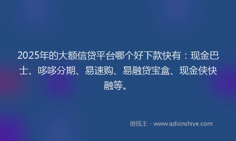 2025年的大额信贷平台哪个好下款快有：现金巴士、哆哆分期、易速购、易融贷宝盒、现金侠快融等。