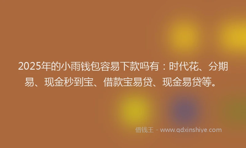 2025年的小雨钱包容易下款吗有：时代花、分期易、现金秒到宝、借款宝易贷、现金易贷等。