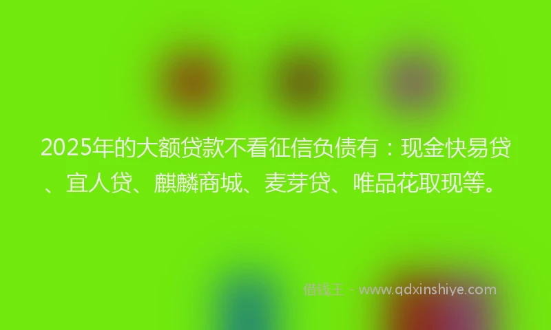 2025年的大额贷款不看征信负债有：现金快易贷、宜人贷、麒麟商城、麦芽贷、唯品花取现等。
