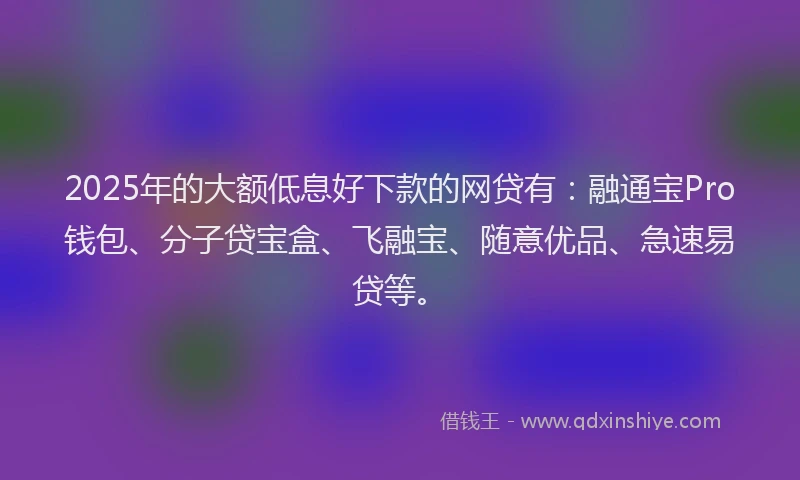 2025年的大额低息好下款的网贷有：融通宝Pro钱包、分子贷宝盒、飞融宝、随意优品、急速易贷等。
