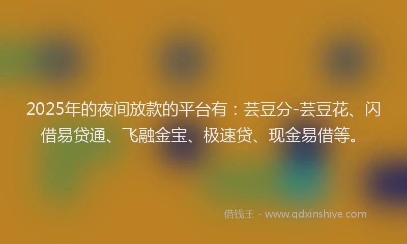 2025年的夜间放款的平台有：芸豆分-芸豆花、闪借易贷通、飞融金宝、极速贷、现金易借等。