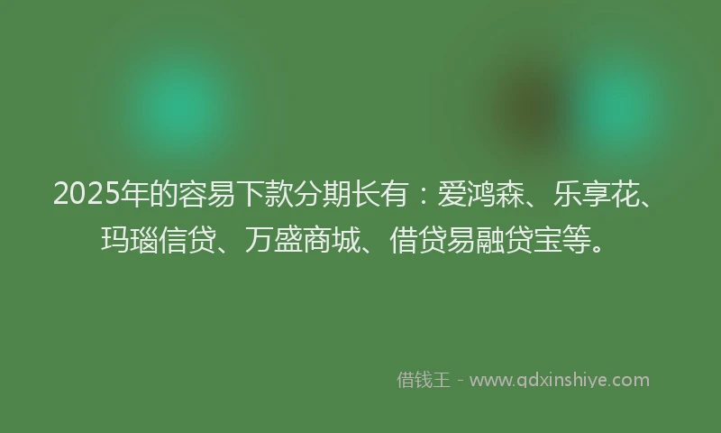 2025年的容易下款分期长有:爱鸿森、乐享花、玛瑙信贷、万盛商城、借贷易融贷宝等。