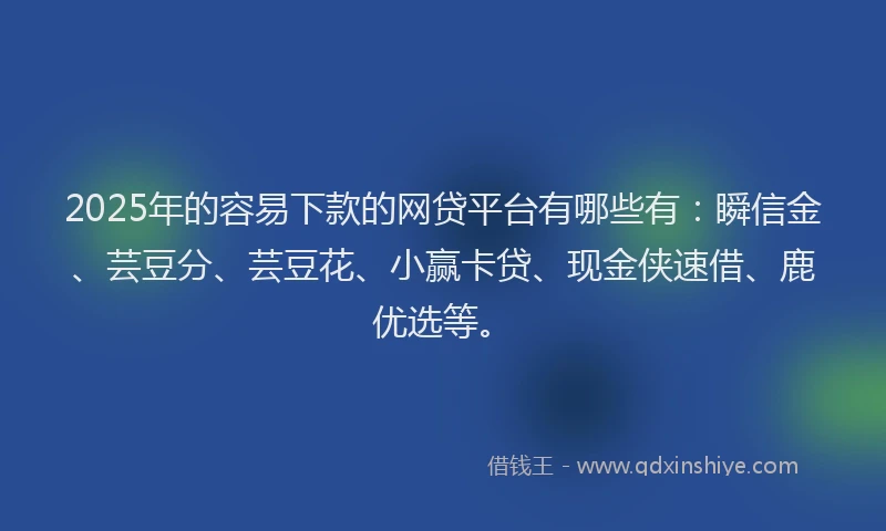2025年的容易下款的网贷平台有哪些有：瞬信金、芸豆分、芸豆花、小赢卡贷、现金侠速借、鹿优选等。
