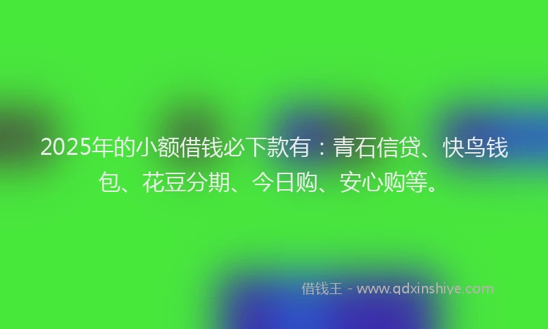 2025年的小额借钱必下款有：青石信贷、快鸟钱包、花豆分期、今日购、安心购等。