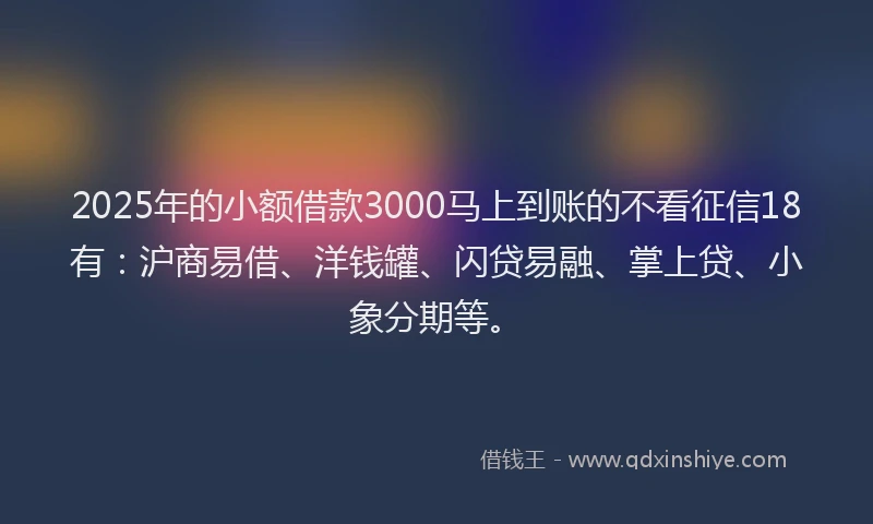 2025年的小额借款3000马上到账的不看征信18有：沪商易借、洋钱罐、闪贷易融、掌上贷、小象分期等。