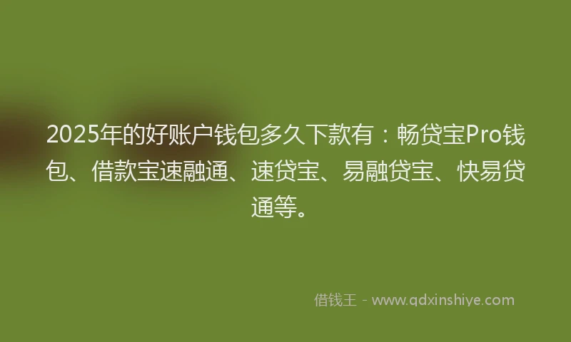 2025年的好账户钱包多久下款有：畅贷宝Pro钱包、借款宝速融通、速贷宝、易融贷宝、快易贷通等。