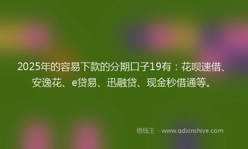 2025年的容易下款的分期口子19有：花呗速借、安逸花、e贷易、迅融贷、现金秒借通等。