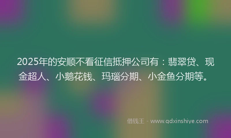 2025年的安顺不看征信抵押公司有：翡翠贷、现金超人、小鹅花钱、玛瑙分期、小金鱼分期等。
