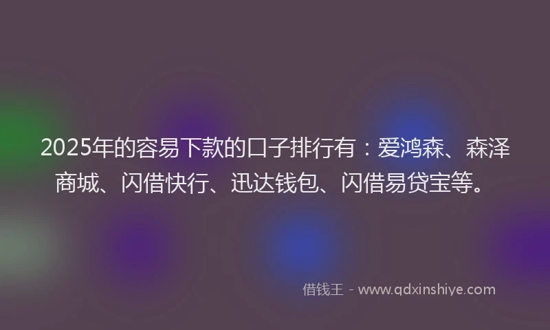 2025年的容易下款的口子排行有：爱鸿森、森泽商城、闪借快行、迅达钱包、闪借易贷宝等。