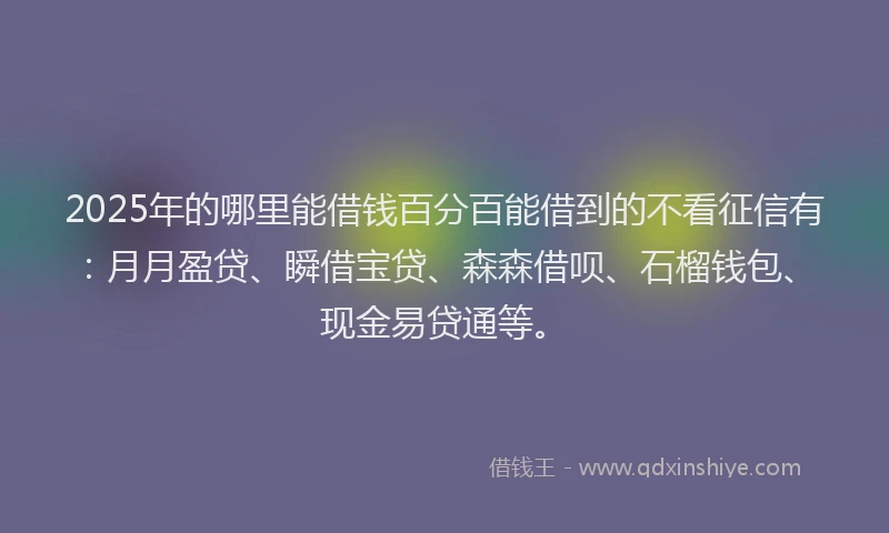2025年的哪里能借钱百分百能借到的不看征信有：月月盈贷、瞬借宝贷、森森借呗、石榴钱包、现金易贷通等。