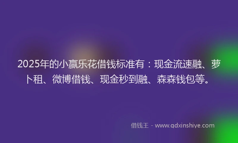 2025年的小赢乐花借钱标准有：现金流速融、萝卜租、微博借钱、现金秒到融、森森钱包等。
