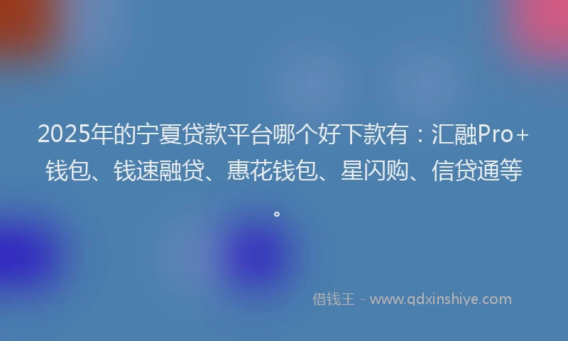 2025年的宁夏贷款平台哪个好下款有：汇融Pro+钱包、钱速融贷、惠花钱包、星闪购、信贷通等。