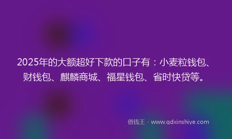 2025年的大额超好下款的口子有：小麦粒钱包、财钱包、麒麟商城、福星钱包、省时快贷等。