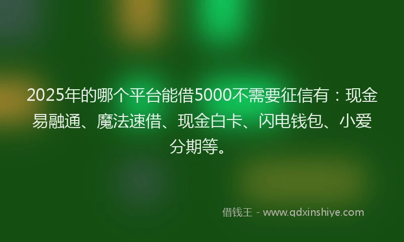 2025年的哪个平台能借5000不需要征信有：现金易融通、魔法速借、现金白卡、闪电钱包、小爱分期等。
