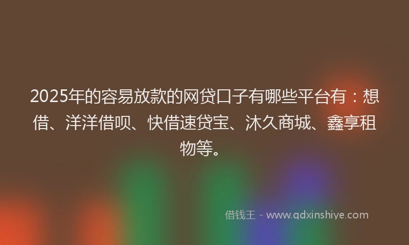 2025年的容易放款的网贷口子有哪些平台有:想借、洋洋借呗、快借速贷宝、沐久商城、鑫享租物等。