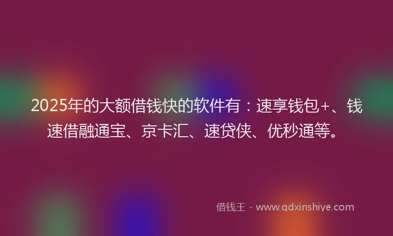 2025年的大额借钱快的软件有：速享钱包+、钱速借融通宝、京卡汇、速贷侠、优秒通等。