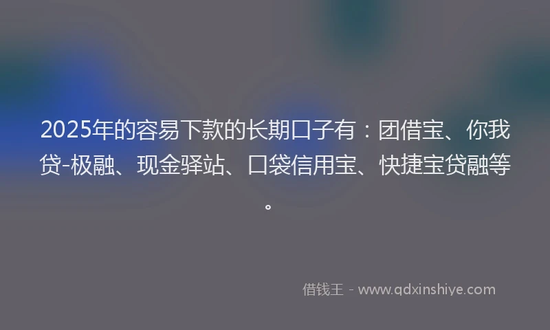2025年的容易下款的长期口子有：团借宝、你我贷-极融、现金驿站、口袋信用宝、快捷宝贷融等。