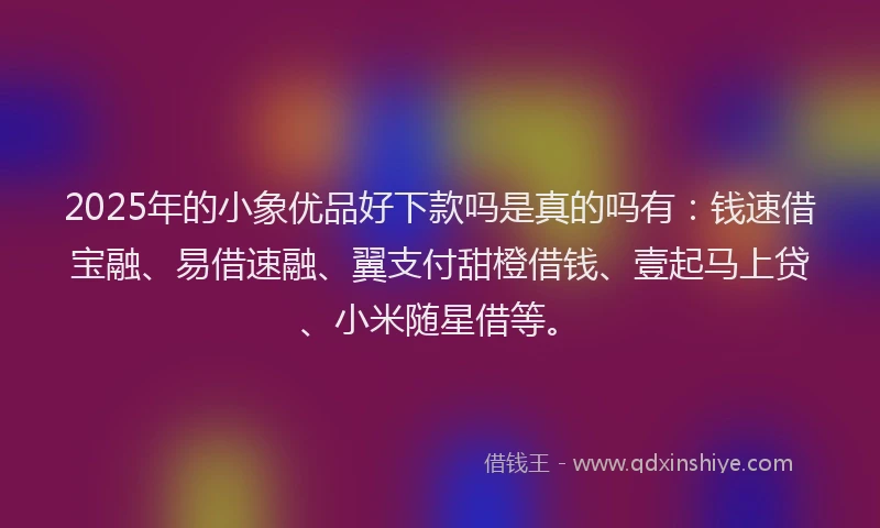 2025年的小象优品好下款吗是真的吗有：钱速借宝融、易借速融、翼支付甜橙借钱、壹起马上贷、小米随星借等。