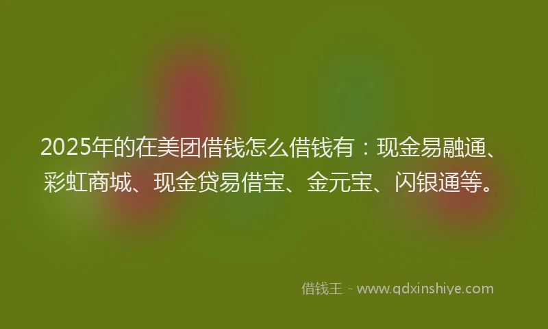 2025年的在美团借钱怎么借钱有：现金易融通、彩虹商城、现金贷易借宝、金元宝、闪银通等。