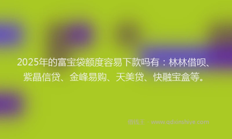 2025年的富宝袋额度容易下款吗有：林林借呗、紫晶信贷、金峰易购、天美贷、快融宝盒等。