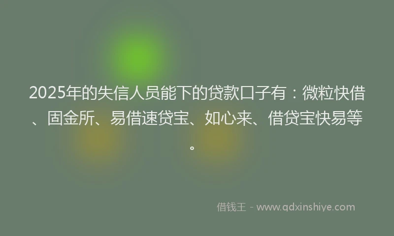 2025年的失信人员能下的贷款口子有：微粒快借、固金所、易借速贷宝、如心来、借贷宝快易等。