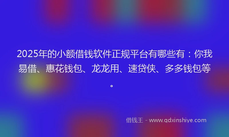 2025年的小额借钱软件正规平台有哪些有：你我易借、惠花钱包、龙龙用、速贷侠、多多钱包等。