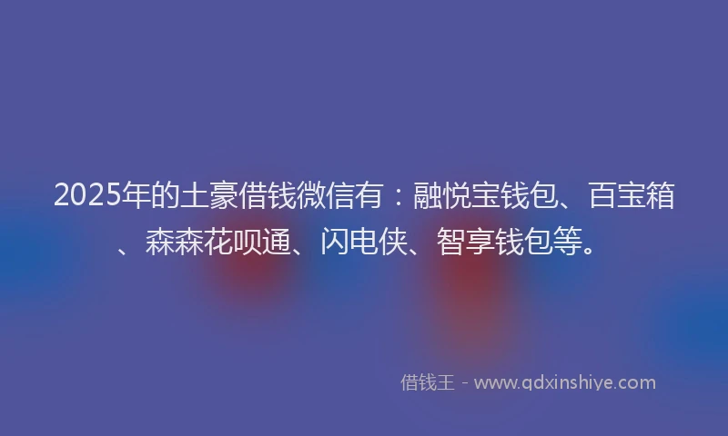2025年的土豪借钱微信有：融悦宝钱包、百宝箱、森森花呗通、闪电侠、智享钱包等。