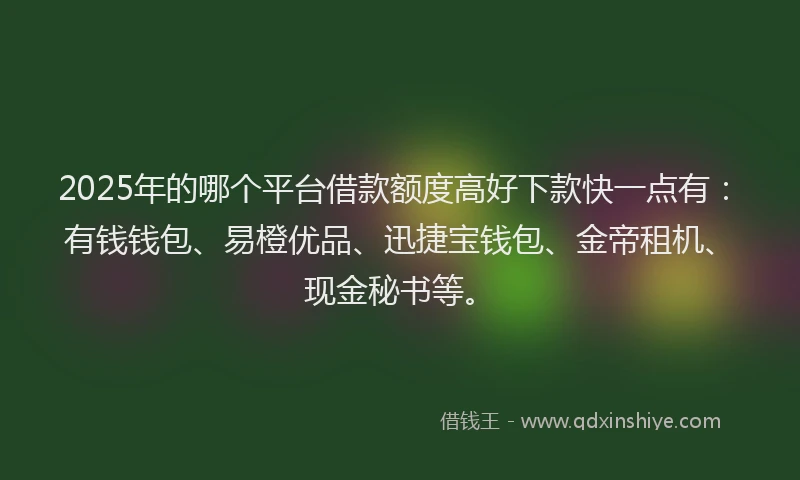 2025年的哪个平台借款额度高好下款快一点有：有钱钱包、易橙优品、迅捷宝钱包、金帝租机、现金秘书等。