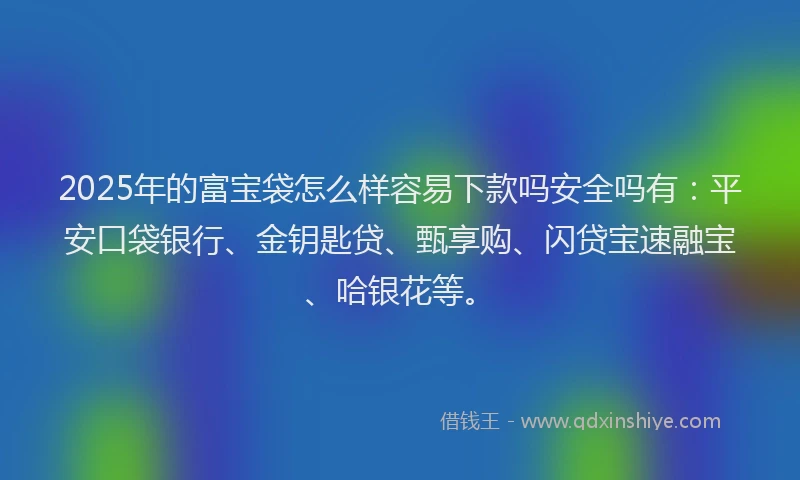 2025年的富宝袋怎么样容易下款吗安全吗有：平安口袋银行、金钥匙贷、甄享购、闪贷宝速融宝、哈银花等。