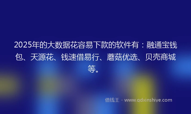 2025年的大数据花容易下款的软件有：融通宝钱包、天源花、钱速借易行、蘑菇优选、贝壳商城等。